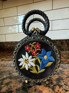 Vtg Bavarian collectible souvenir napkin holder wrought iron & leather